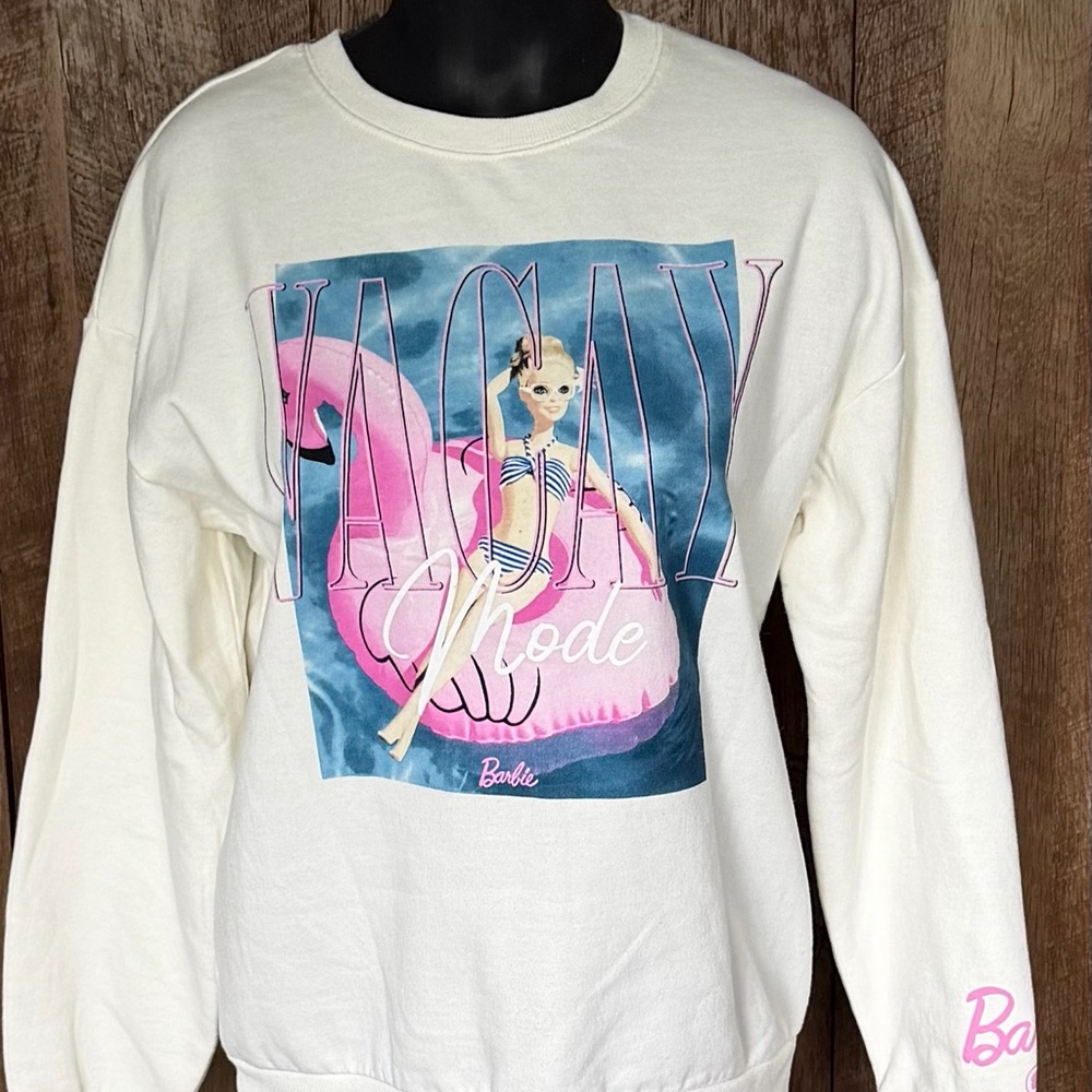 Barbie Cream Sweatshirt with Pink and Blue Design